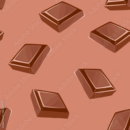 Chocolate seamless pattern. Pieces of milk chocolate on brown background. Vector cartoon flat illustration.