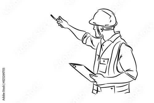 Engineers constraction working with tools, hand drawn line drawing vector illustration