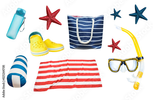 Summer objects collage,beach items set isolated. Holiday vocation set.