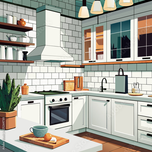 Close up details of contemporary white apartment kitchen with subway tiles
