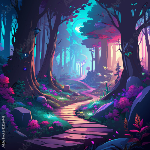 Fantasy and fairytale magical forest with purple and cyan light lighting pathway. Digital painting landscape.