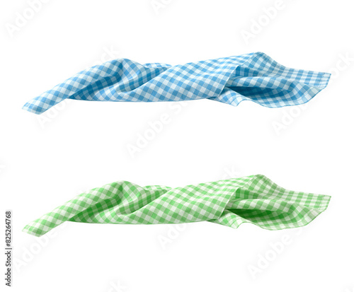 Checkered green and blue picnic cloth crumpled isolated on white. Food decor element. Kitchen towel,tablecloth.