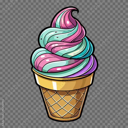 Soft serve Yoghurt Ice cream swirl on waffle cone on transparent background cutout. Many assorted different flavour Mockup template for artwork design.