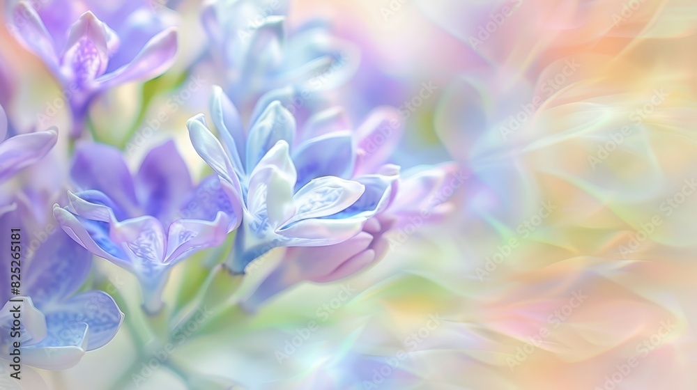 Artistic close-up of purple flowers with soft, flowing pastel background, creating a dreamy and abstract floral image.