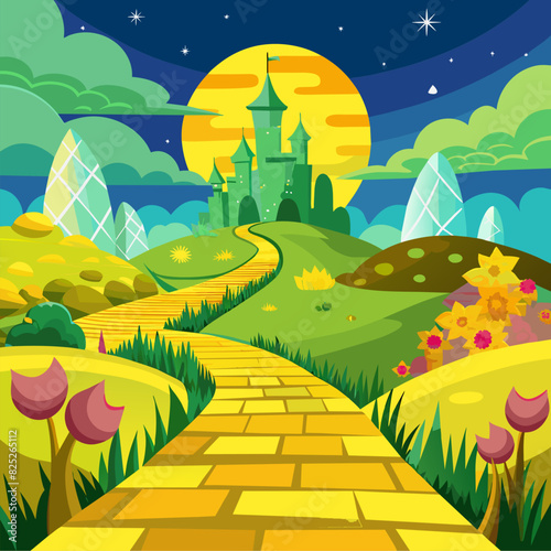 Yellow Brick Road Leading to the Enchanted Springtime Emerald City in Oz - A Fantasy World of Magicians, Majestic Buildings and Seasonal Beauty