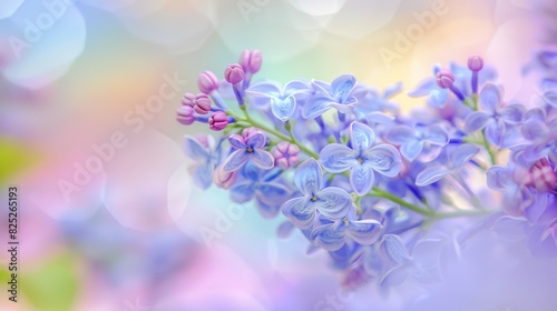 Soft focus image of lilac blossoms in shades of pink and purple  creating a dreamy and ethereal spring scene with bokeh background.