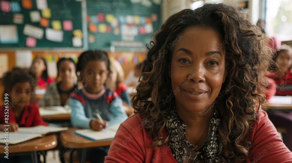 Smiling female teacher in a classroom, with children in the background, creating a warm and educational atmosphere. Smiling female teacher in a classroom, with children in the background, creating a warm and educational atmosphere.