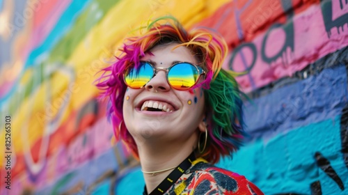 Vibrant Smiles: Person with Rainbow Hair and Sunglasses Posing in Front of Colorful Mural