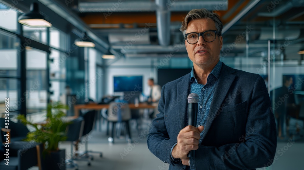 Fototapeta premium A businessman in a suit gestures expressively while speaking outdoors near modern office buildings.