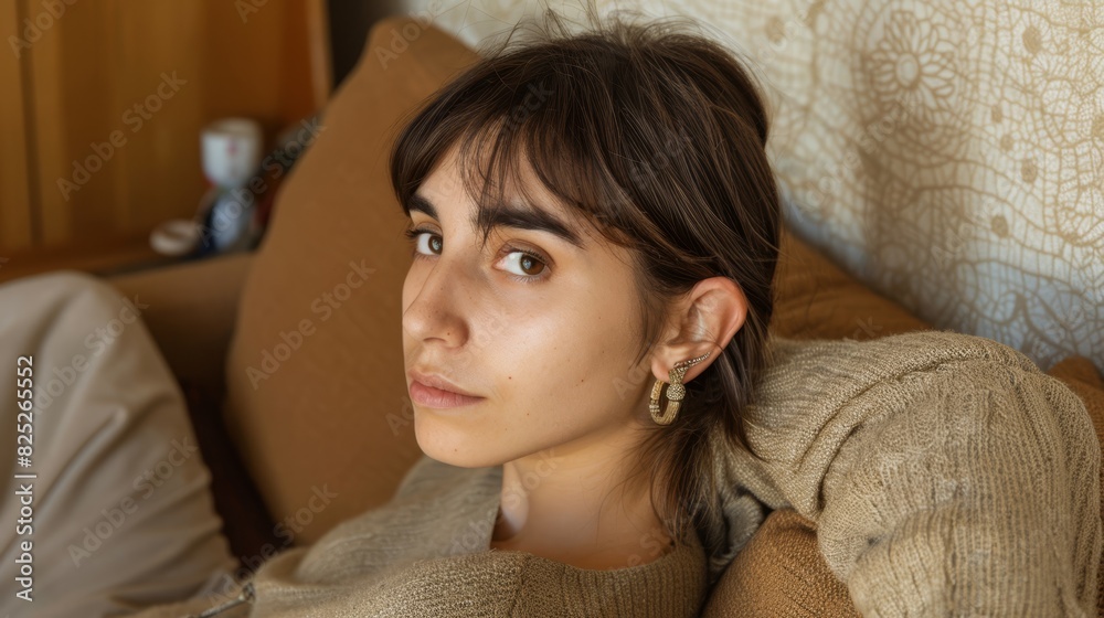 Young woman with dark hair and piercings, wearing a sweater, lounging on a brown couch with a serious expression. Young woman with dark hair and piercings, wearing a sweater, lounging on a brown couch with a serious expression.