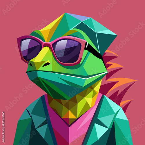 chameleon wearing sunglasses on a solid color background, vector art, digital art, faceted, minimal, abstract.