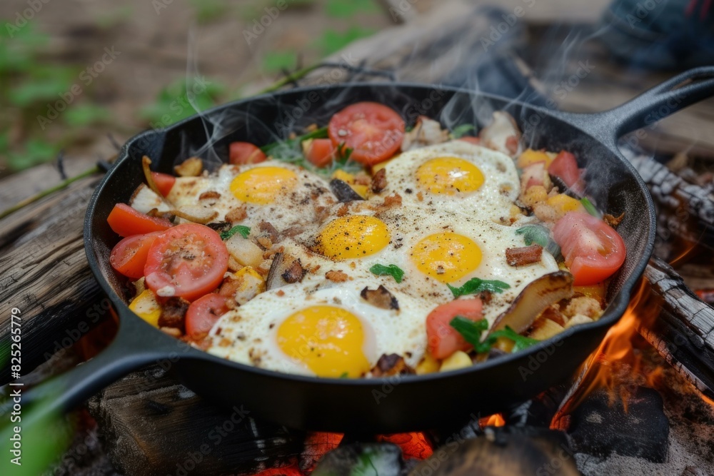 Cast iron skillet with eggs, tomatoes, and herbs cooking over a campfire Cast iron skillet with eggs, tomatoes, and herbs cooking over a campfire