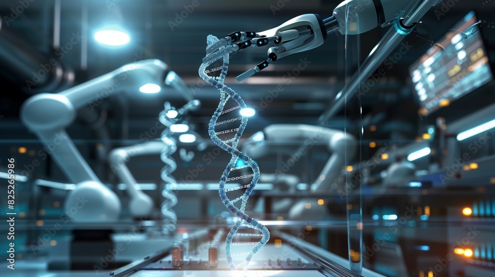 A futuristic lab setting with a DNA helix being manipulated by robotic arms, under bright, focused lights and digital displays, A futuristic lab setting with a DNA helix being manipulated by robotic arms, under bright, focused lights and digital displays,