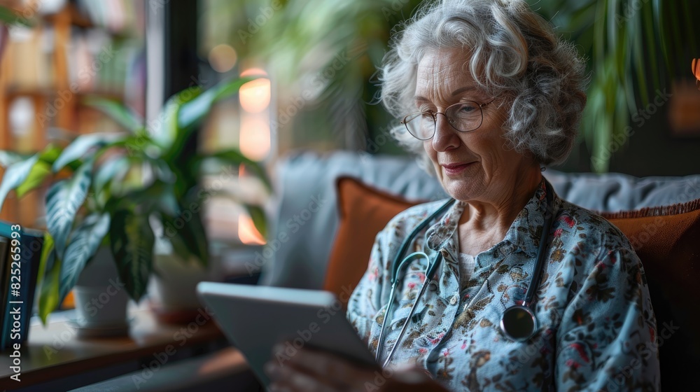 A photo of a senior female doctor sitting on a couch and using a tablet. A photo of a senior female doctor sitting on a couch and using a tablet.
