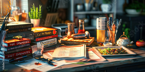 Chef's Passion: A chic desk with cookbooks, recipe cards, and cooking utensils, highlighting the creativity and precision of a chef in crafting culinary masterpieces photo