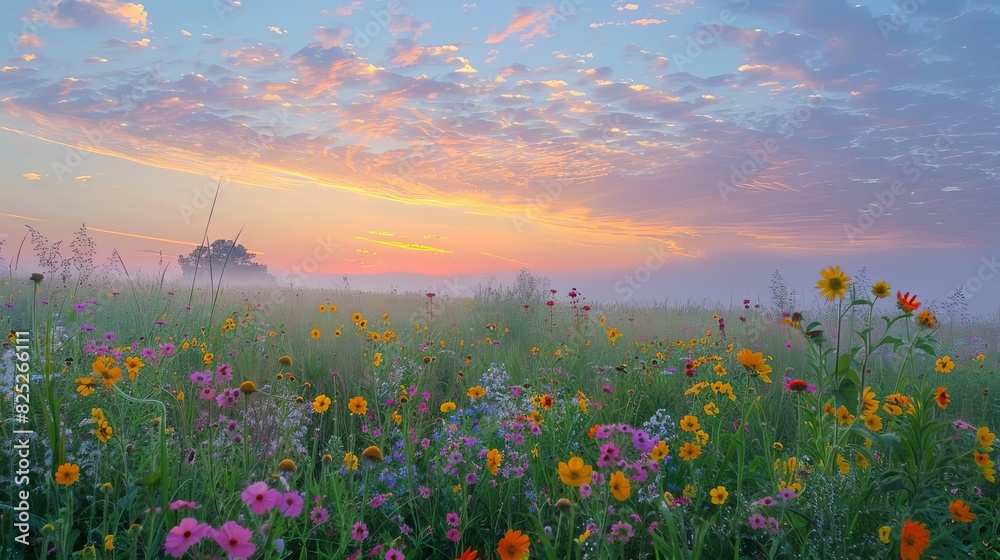 Beautiful sunrise over a colorful wildflower meadow with mist and a ...