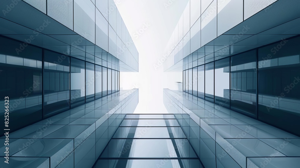 Modern glass buildings with reflective surfaces creating a symmetrical, futuristic architectural design and a sense of depth and perspective. Modern glass buildings with reflective surfaces creating a symmetrical, futuristic architectural design and a sense of depth and perspective.