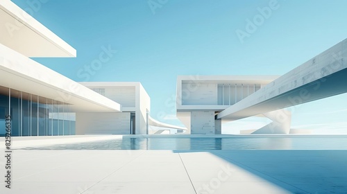 Modern minimalist architecture featuring clean lines  white structures  and open space under a clear blue sky with reflections on water.