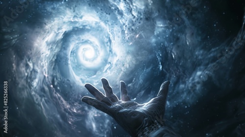 Hand reaching towards a swirling vortex in the sky © Gulkhanim