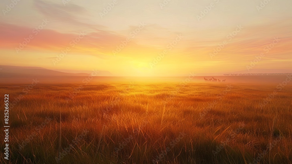Fototapeta premium Stunning golden sunset over a tranquil grassy field, capturing the serene beauty of nature with warm hues and a peaceful horizon.