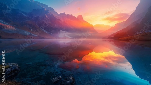 Stunning sunset over a serene mountain lake with vibrant colors reflecting on the water  creating a breathtaking natural landscape scene.