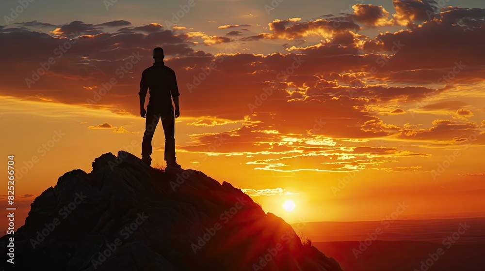 Silhouette of Triumph: Man Conquering Mountain Peak at Sunset