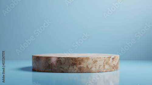Wooden board on a pastel color background ,Empty wooden round stand on marble surface at sunny wall background