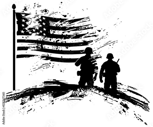 Grunge silhouette illustration of two soldiers with the American flag, isolated 