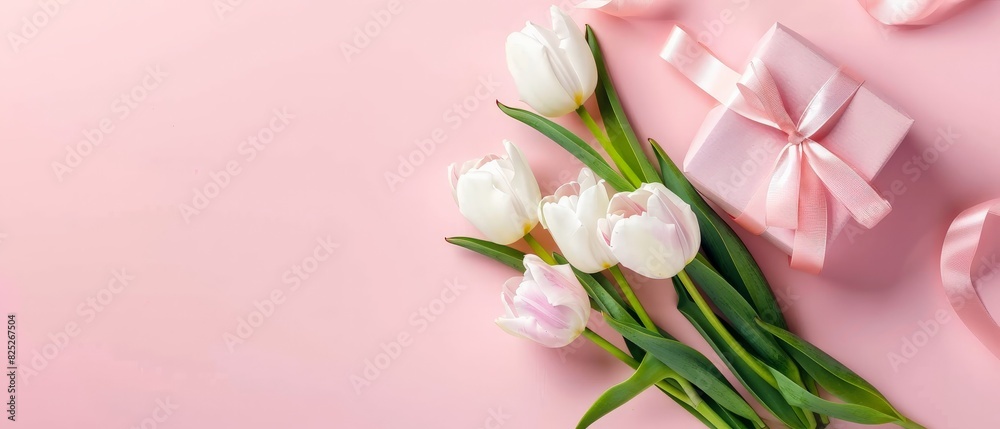 White tulips and gift box on pink background.
