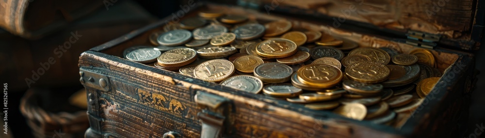 A timeworn storage box with faded engravings, hidden in an old attic, revealing a collection of precious artifacts, such as gold coins, vintage manuscripts, and exquisite jewelry, bathed in a warm A timeworn storage box with faded engravings, hidden in an old attic, revealing a collection of precious artifacts, such as gold coins, vintage manuscripts, and exquisite jewelry, bathed in a warm