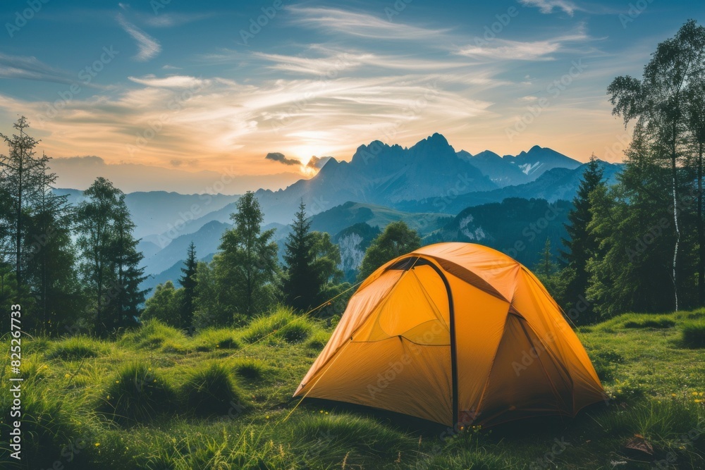 Idyllic camping setup with a tent overlooking a stunning mountain range during a vibrant sunset