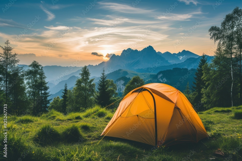Idyllic camping setup with a tent overlooking a stunning mountain range during a vibrant sunset Idyllic camping setup with a tent overlooking a stunning mountain range during a vibrant sunset