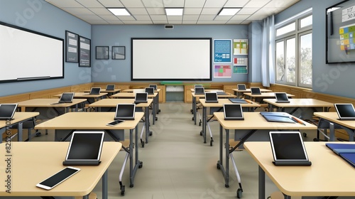 A modern classroom with a smartboard, desks with tablets, and a blank space on the smartboard for text,