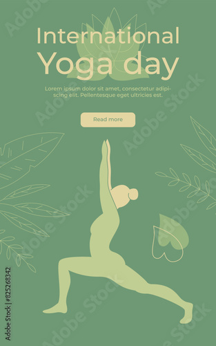 Vertical banner for International Yoga Day with a girl silhouette. Pastel vector illustration.