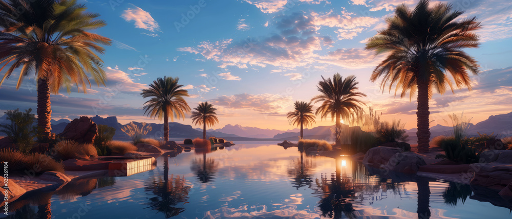 Obraz premium A serene desert oasis with palm trees and a reflecting pool