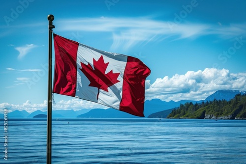 Vibrant canadian flag flutters in a coastal breeze against a backdrop of blue skies and distant mountains