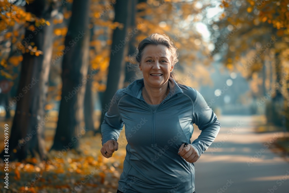 Obraz premium A woman is running in a park with trees in the background