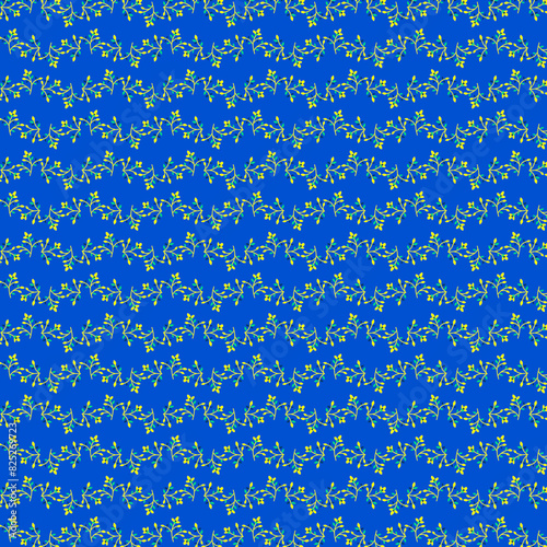 Summer bright simple small floral fabric pattern Small yellow green flowers on a blue background Rustical design