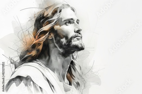 A stylized portrait of Jesus Christ, depicted with long hair and beard, looking upwards. The image is rendered in a painterly style with soft strokes and subtle color variations.