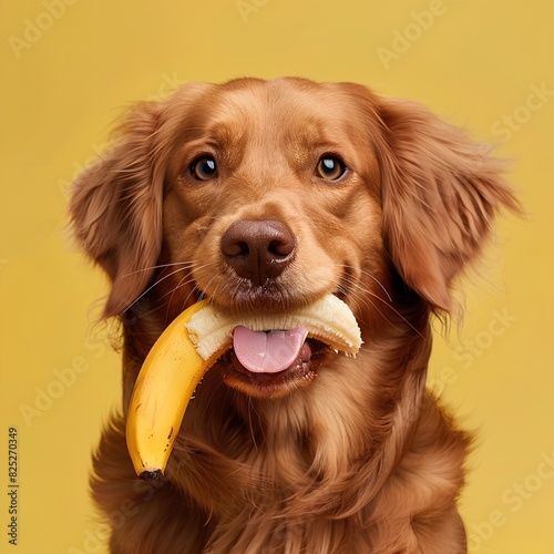 golden retriever dog eating a banana in yellow background