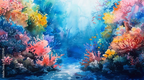 A vibrant underwater scene with colorful coral reefs and a pathway leading into the deep blue. © InkCrafts