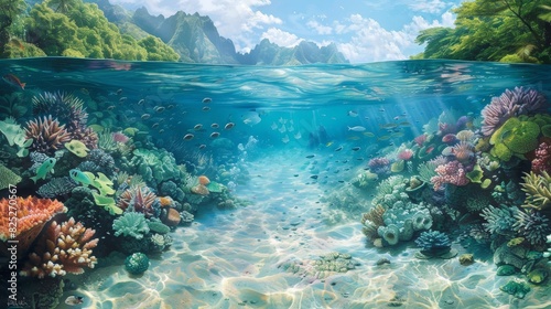 A vibrant underwater scene with colorful coral reefs, tropical fish, and sunlight filtering through clear water.