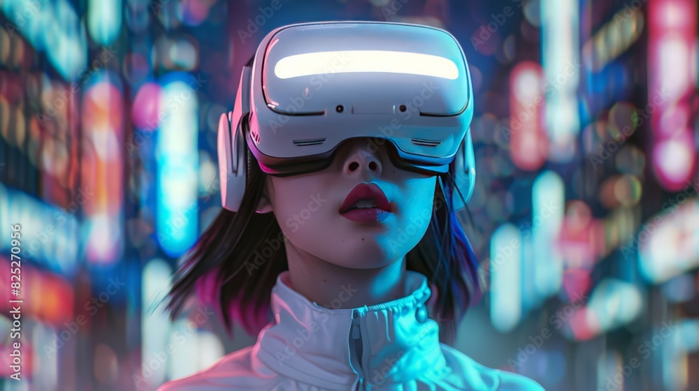 Adorned with a white VR headset, a woman stands at the forefront of innovation, seamlessly integrating future technology