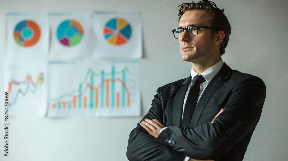 Against a backdrop of white, a poised business executive stands with crossed arms, his attention fully absorbed Against a backdrop of white, a poised business executive stands with crossed arms, his attention fully absorbed