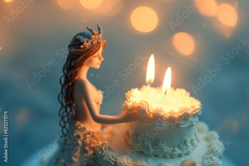 Whimsical figurine resembling a princess by a glowing birthday cake with lit candles photo