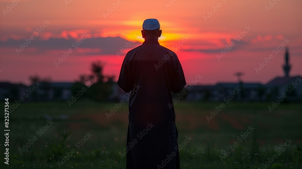 Young asian muslim man with beard praying in the mosque at dark night