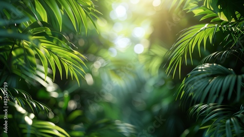 Background Tropical. Sunlight filters through the dense canopy  illuminating the forest floor in a golden hue  casting enchanting shadows that dance with the gentle breeze.