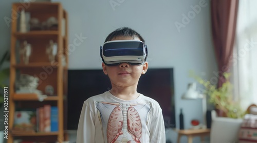 Inspired by the possibilities of technology, an Asian little boy eagerly dons VR glasses to immerse himself in human body path simulations, embracing the opportunity for online learning