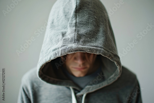 a Caucasian person wearing a hoodie, with the hood concealing their face, presenting an anonymous and mysterious figure.