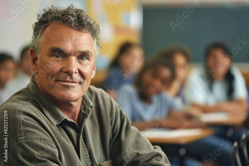 a Caucasian male teacher sitting in a school class, exemplifying dedication and commitment to education.